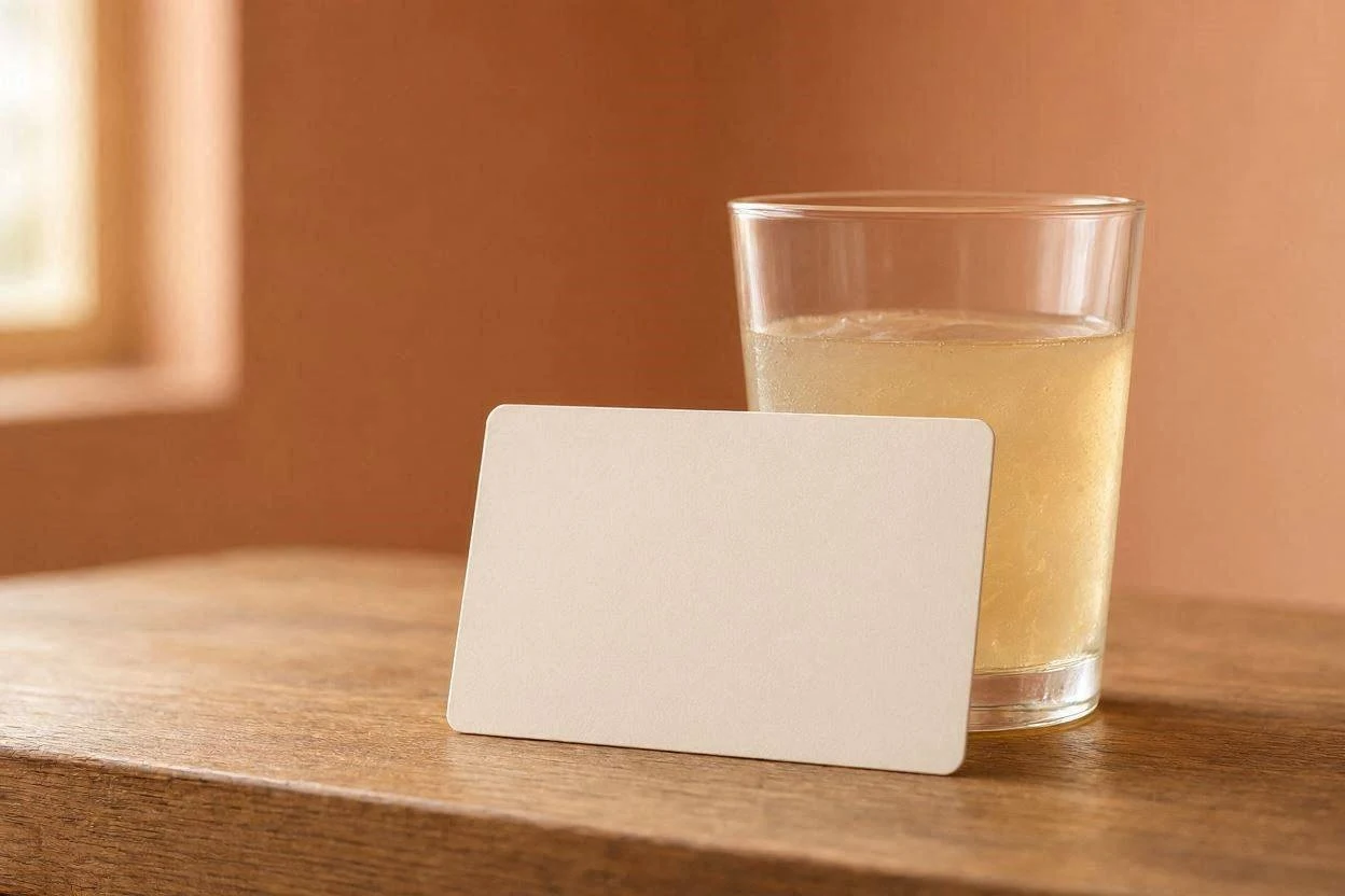 Person reading a nutrition label next to a glass of gelatin drink