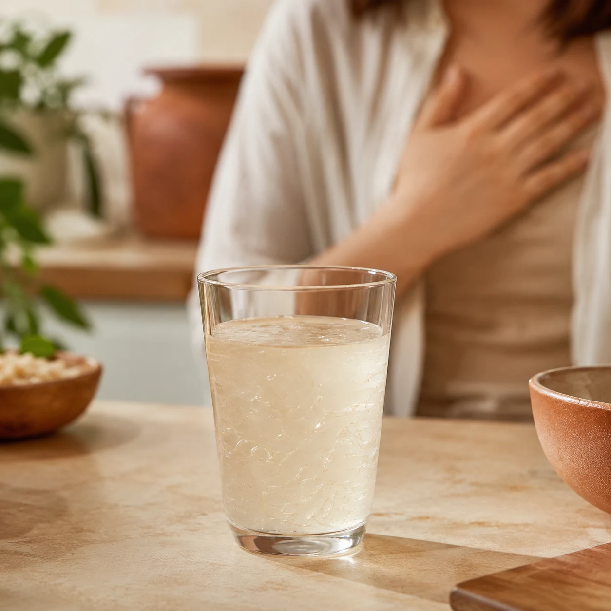 Person holding their chest next to a glass of gelatin drink