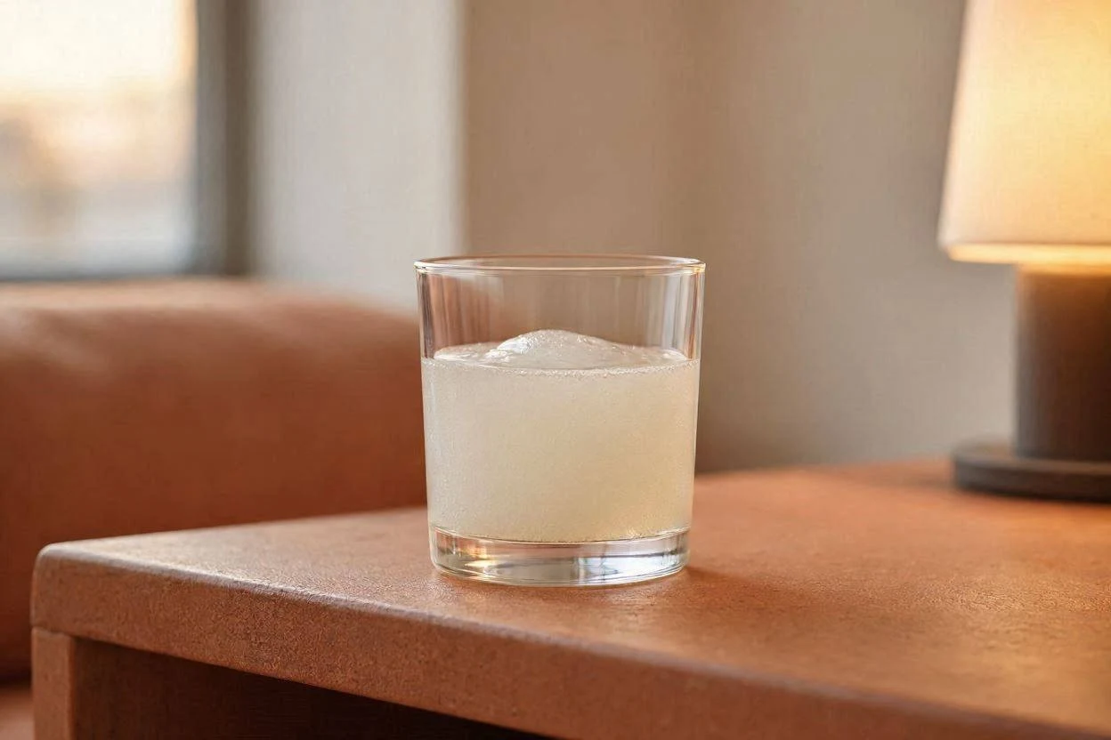 Glass of gelatin drink on a nightstand next to a lamp in the evening