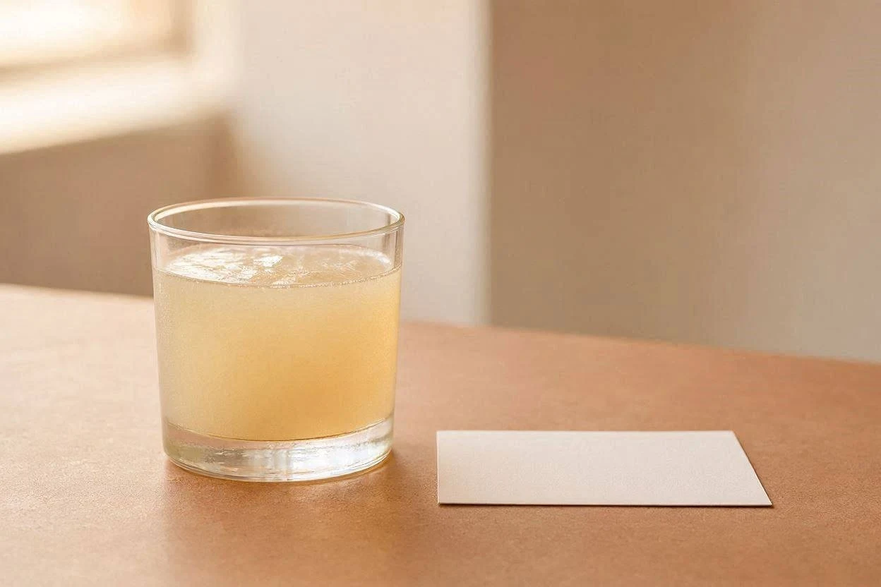 Glass of gelatin drink next to a small calorie count card