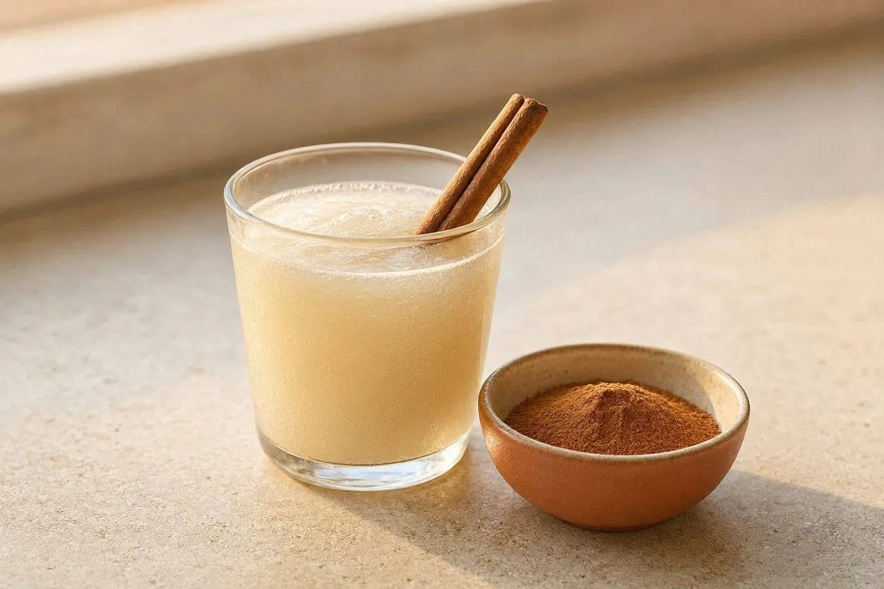 Cinnamon stick and powder next to a glass of gelatin drink