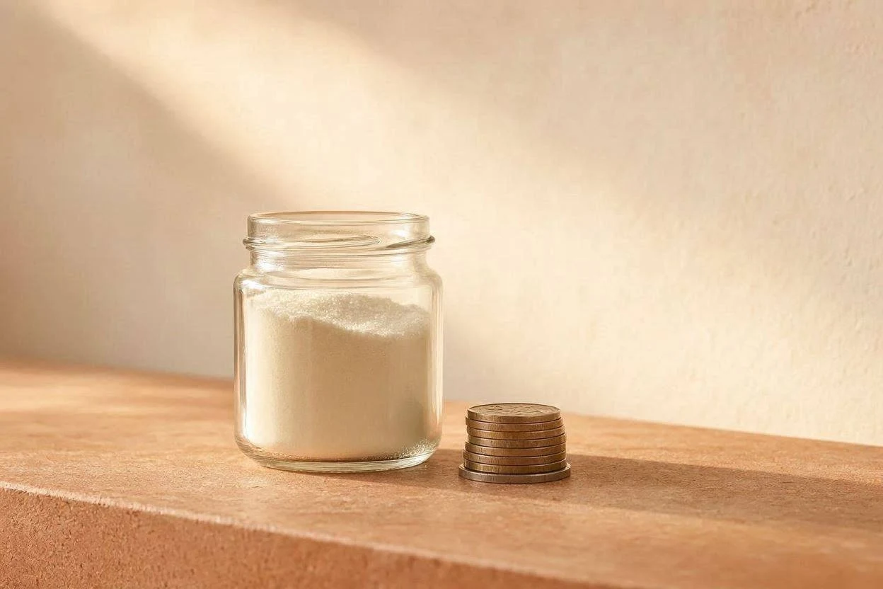Small container of unflavored gelatin powder next to coins
