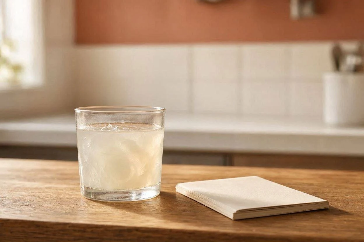 Person holding their stomach next to a glass of gelatin drink and a doctor's note