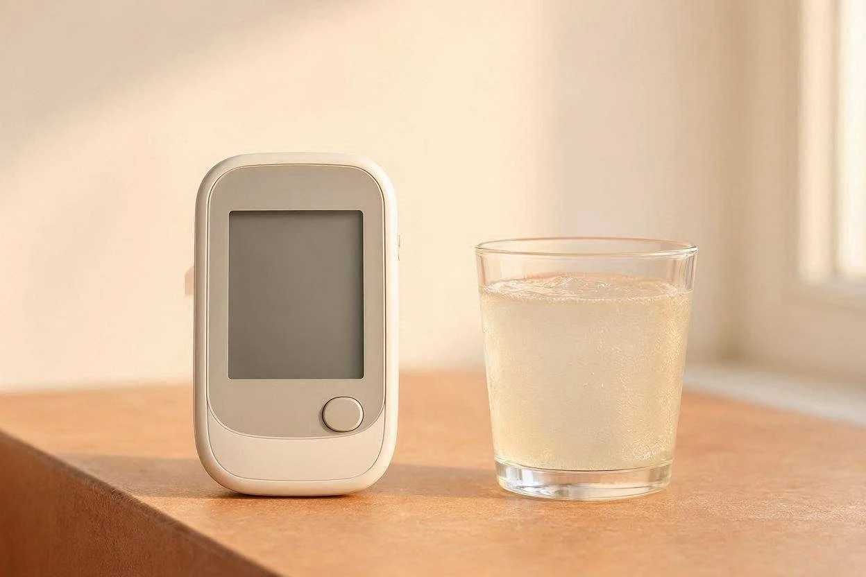 Blood glucose monitor next to a glass of gelatin drink