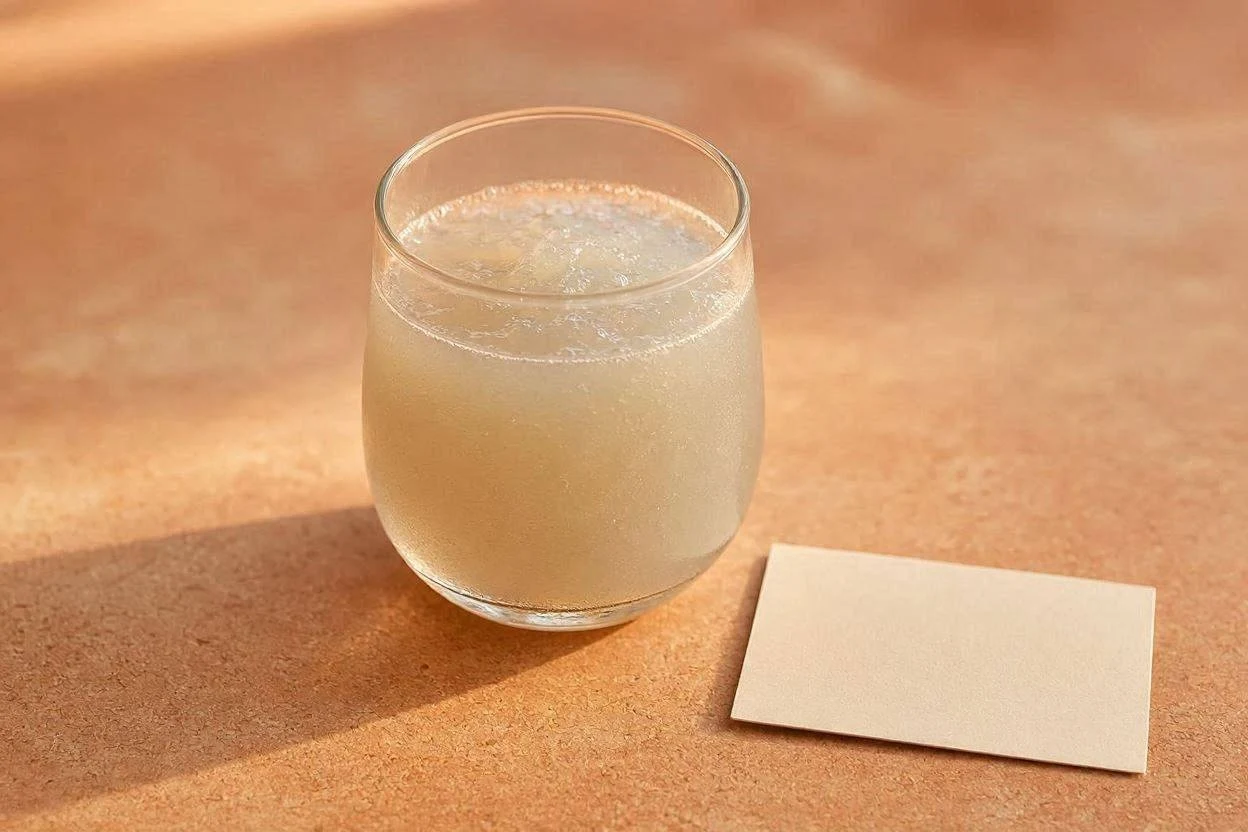 Glass of gelatin drink next to a small allergy information card