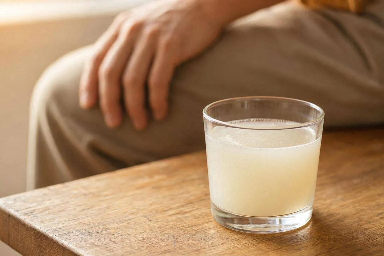 Person holding their knee, glass of gelatin drink nearby