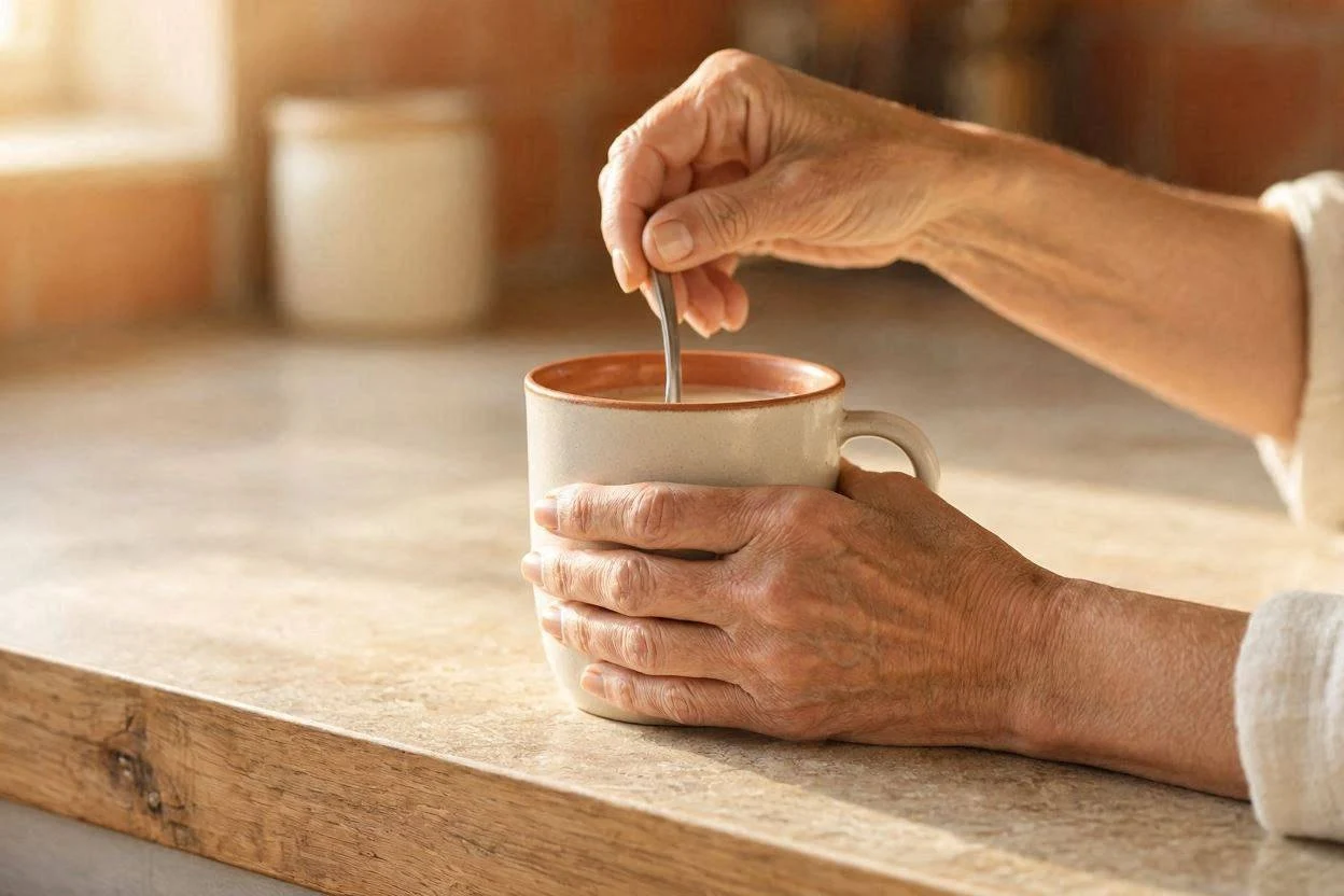 Middle-aged woman preparing a drink in her kitchen