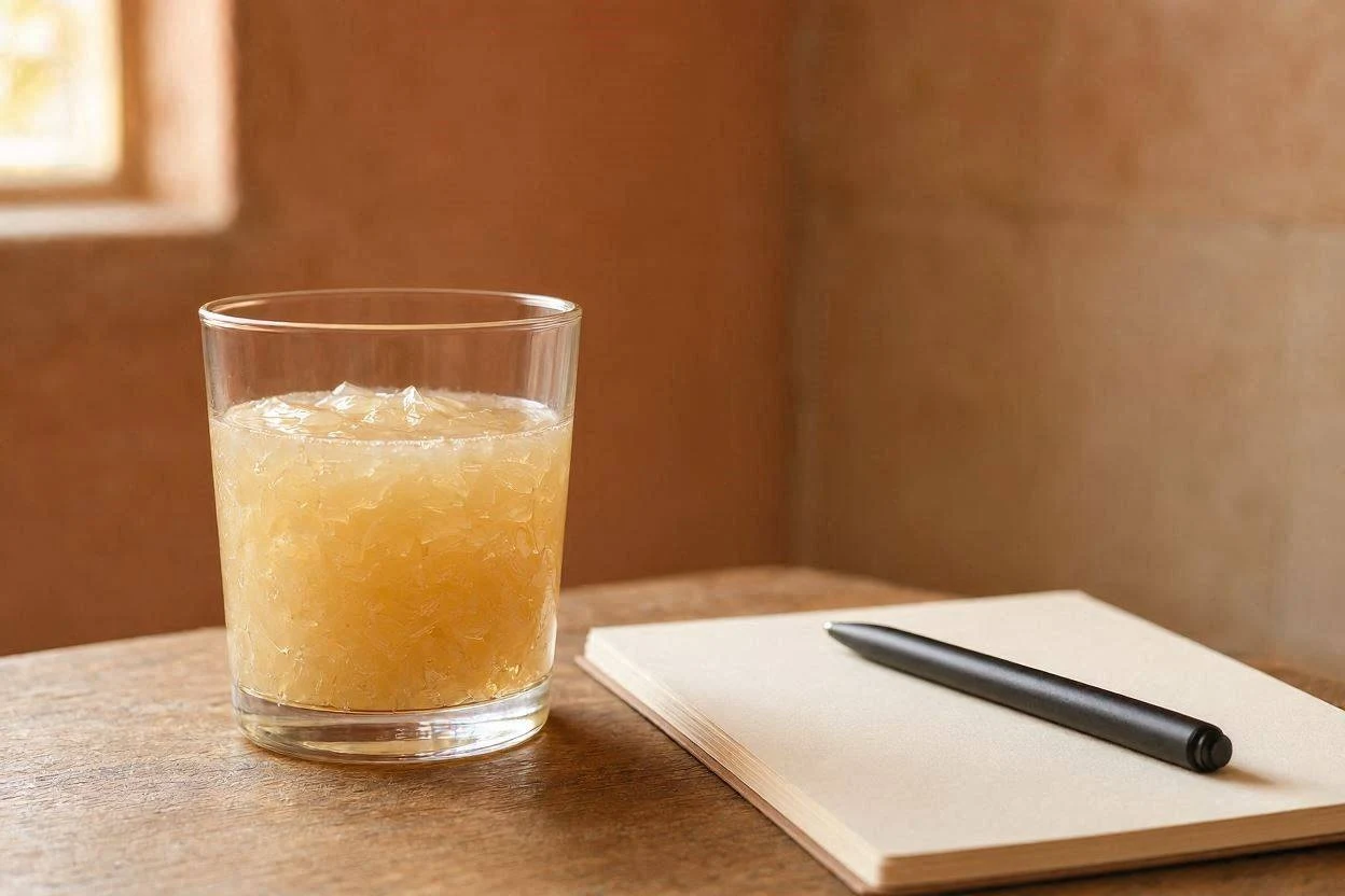 Glass of gelatin drink next to a notepad labeled Mounjaro Jello Recipe