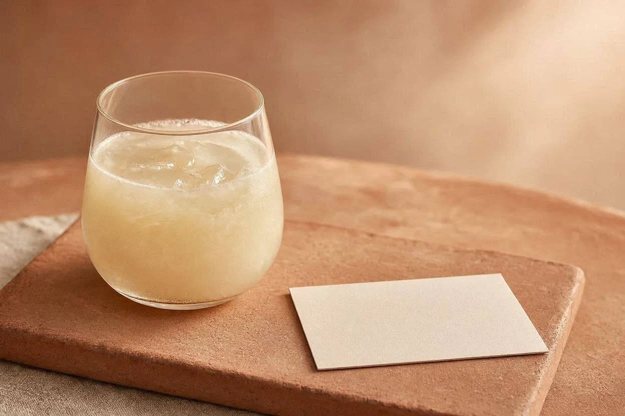 Glass of gelatin drink next to a small daily protein tracking card