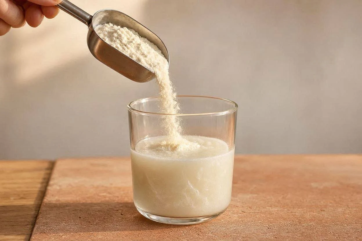 Scoop of protein powder being added to a glass of gelatin drink