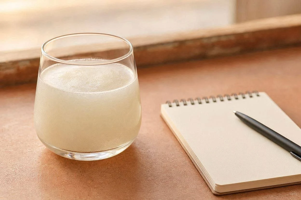 Glass of gelatin drink next to a checklist notepad
