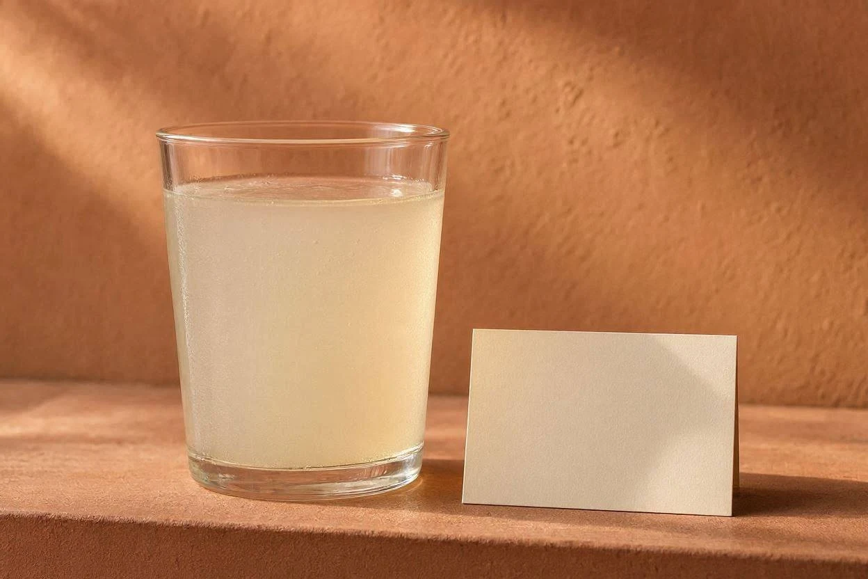 Glass of clear gelatin drink with a sugar-free label card nearby