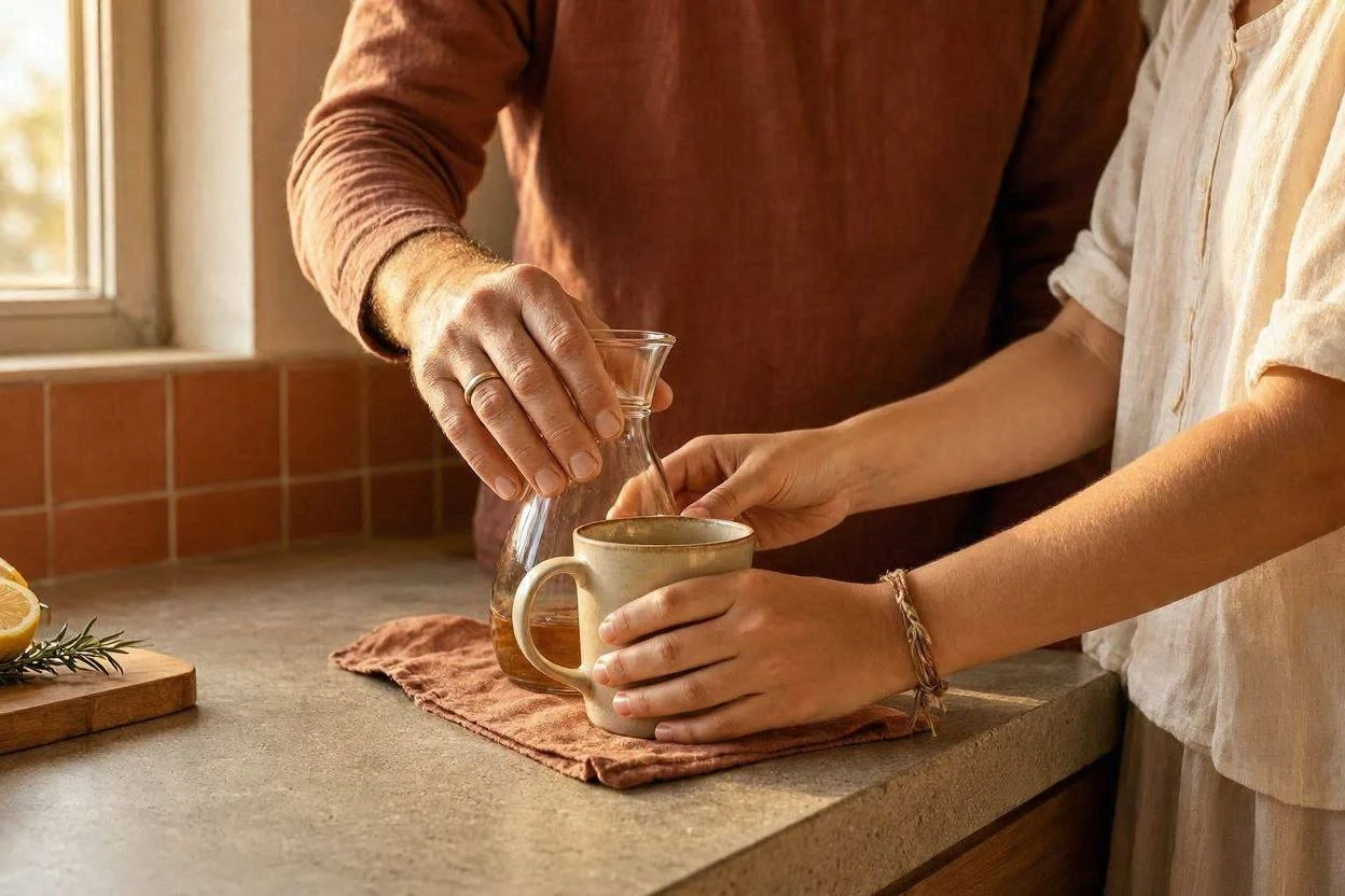 Teenager and a parent talking in a kitchen next to a glass of gelatin drink