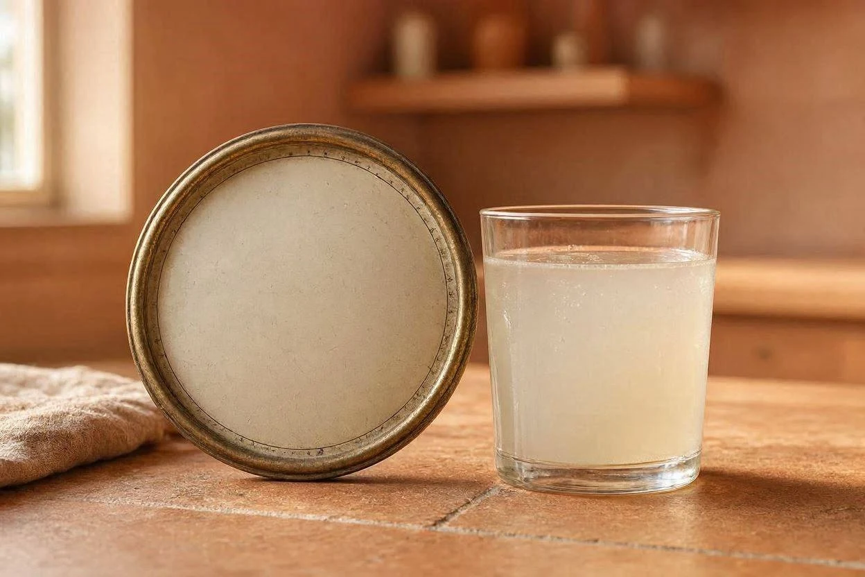 Clock face next to a glass of gelatin drink