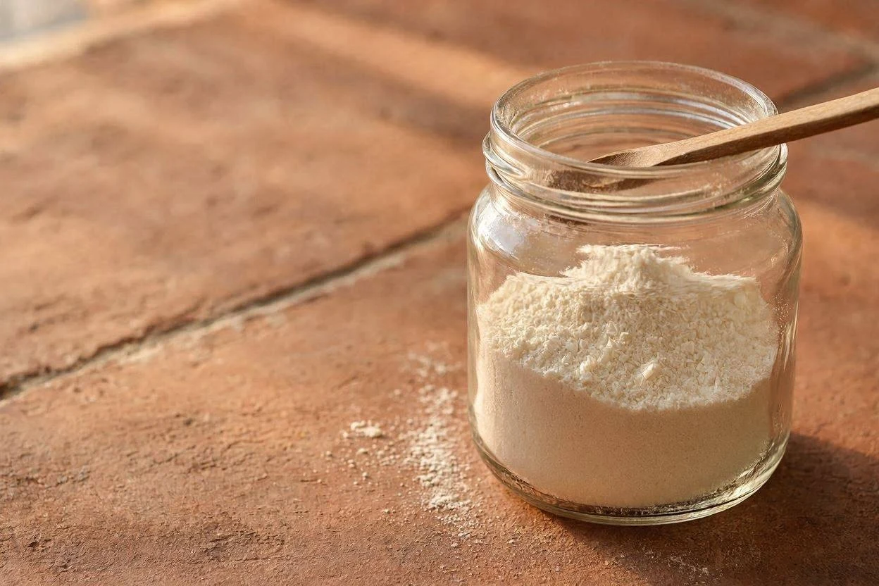 Container of unflavored gelatin powder on a kitchen counter