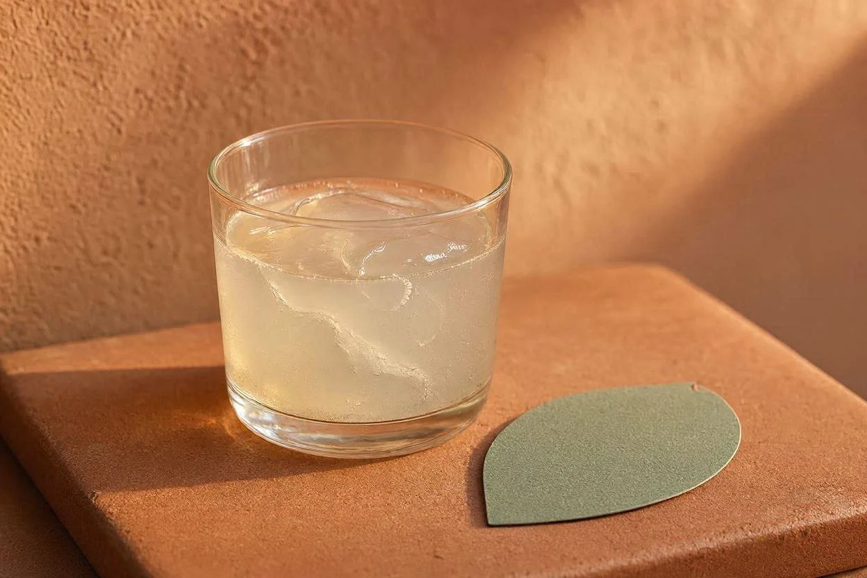 Glass of gelatin drink next to a vegetarian symbol card