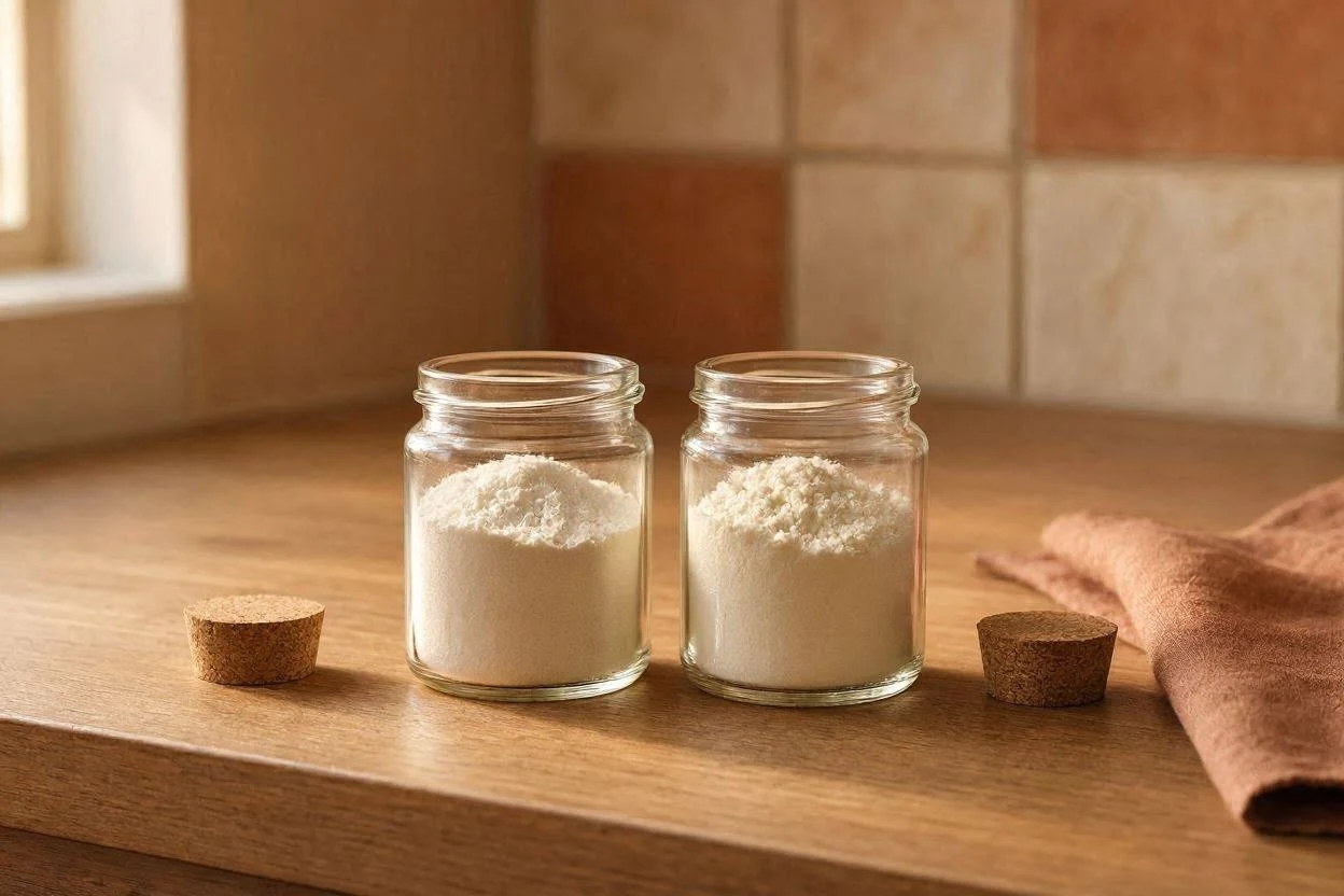 Container of collagen powder next to unflavored gelatin powder
