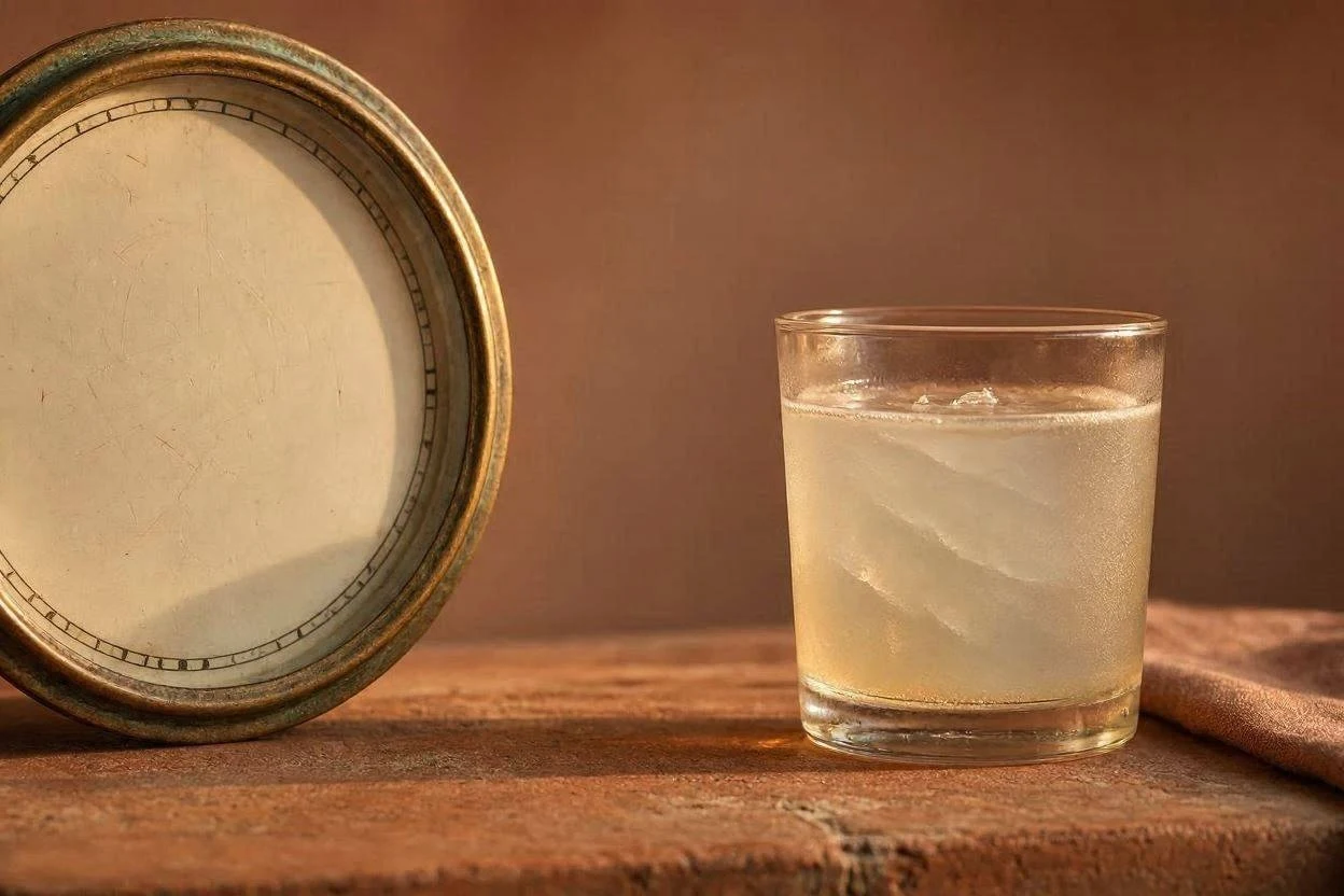 Clock next to a glass of gelatin drink representing meal timing