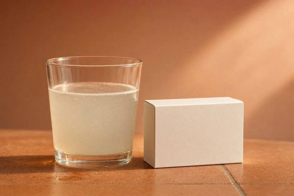 Glass of gelatin drink next to a prescription medication box on a counter