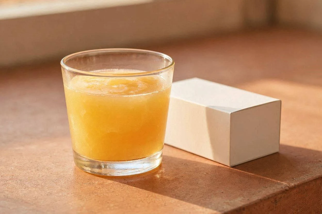 Glass of gelatin drink next to a prescription medication box on a counter
