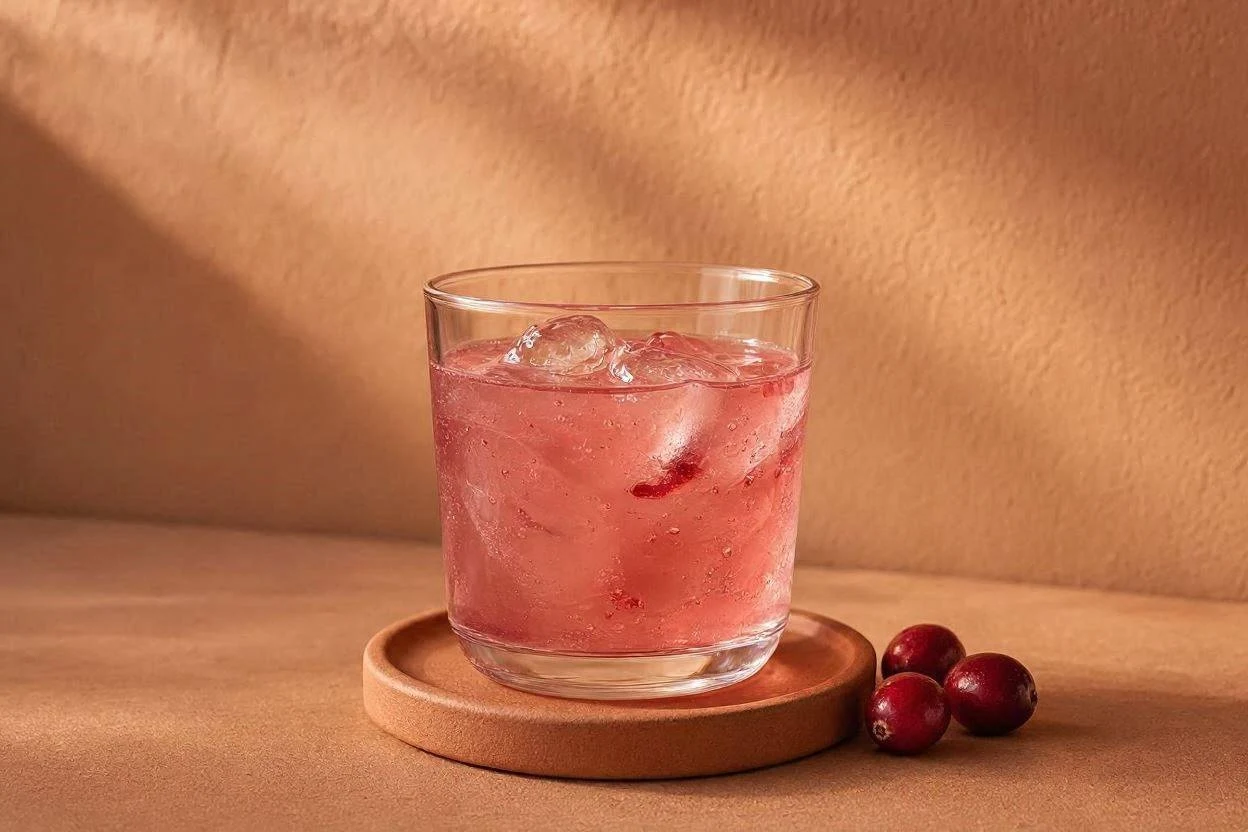 Pink-colored gelatin drink in a glass made with cranberry juice